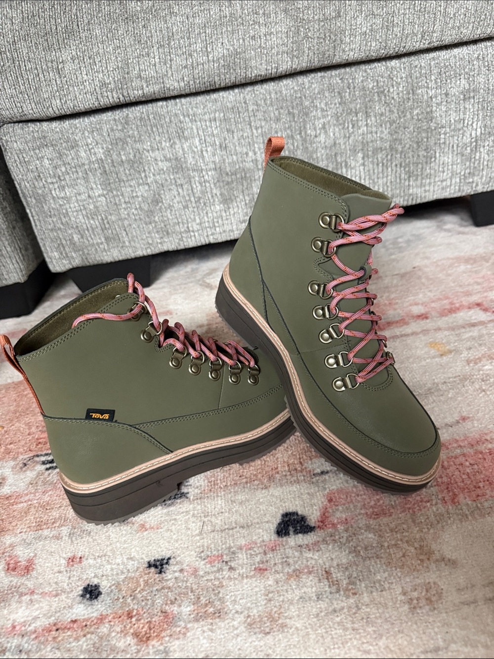 Teva Olive Green Lace-Up Hiking Boots with Pink Laces